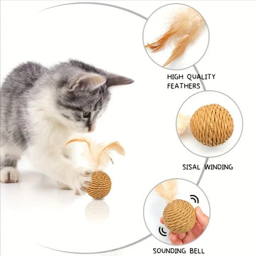 Interactive Feather Wand Cat Toy with Rattan Bell Ball